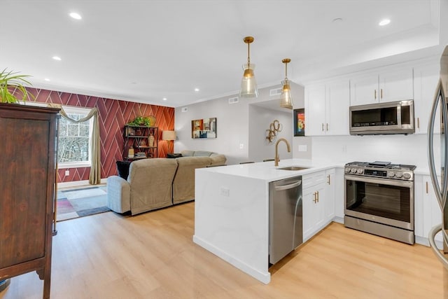 kitchen with a sink, white cabinetry, light wood finished floors, and stainless steel appliances