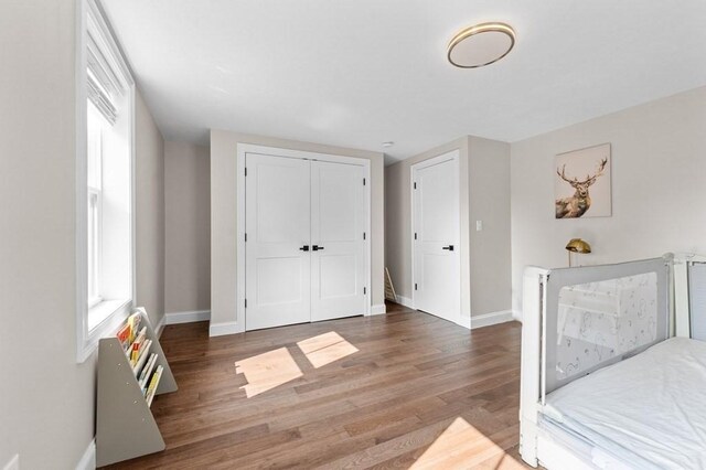 bedroom with hardwood / wood-style flooring and a closet