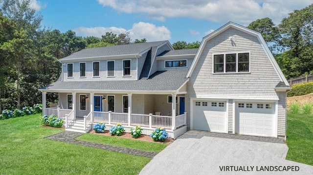 view of front of property with a porch, a gambrel roof, driveway, roof with shingles, and a front yard