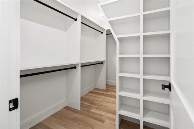 walk in closet featuring wood finished floors and a barn door