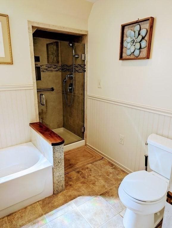 43 Brunswick Rd, Arlington, MA 02474 - bathroom with a wainscoted wall, a stall shower, toilet, and a bath