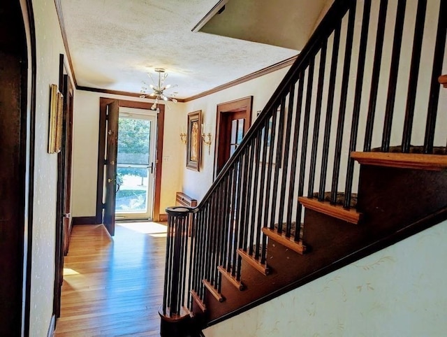 43 Brunswick Rd, Arlington, MA 02474 - interior space with ornamental molding, wood finished floors, baseboards, a textured ceiling, and a notable chandelier