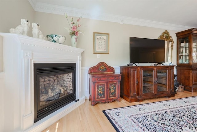 living room with crown molding, wood finished floors, and a fireplace