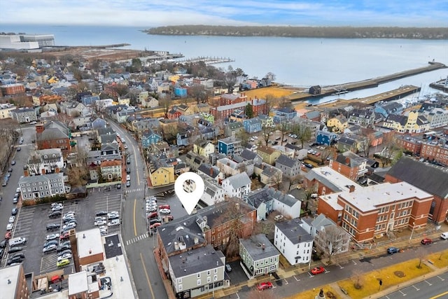 drone / aerial view with a water view