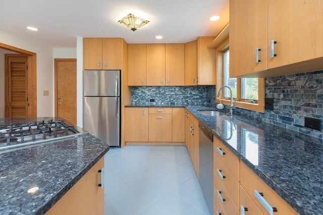 9 Beetlebung Grove Way, Chilmark, MA 02535 - kitchen featuring appliances with stainless steel finishes, a sink, dark stone countertops, backsplash, and recessed lighting