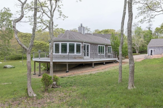 9 Beetlebung Grove Way, Chilmark, MA 02535 - rear view of property featuring a deck, a chimney, and a lawn