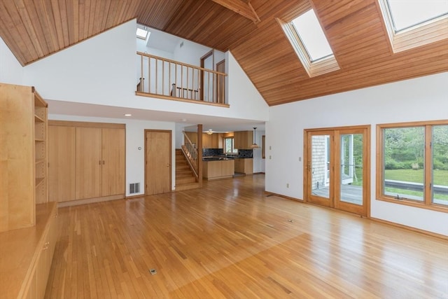 9 Beetlebung Grove Way, Chilmark, MA 02535 - unfurnished living room featuring wooden ceiling, high vaulted ceiling, a skylight, stairs, and light wood finished floors