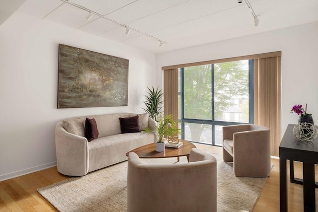 living room with wood finished floors, rail lighting, and baseboards