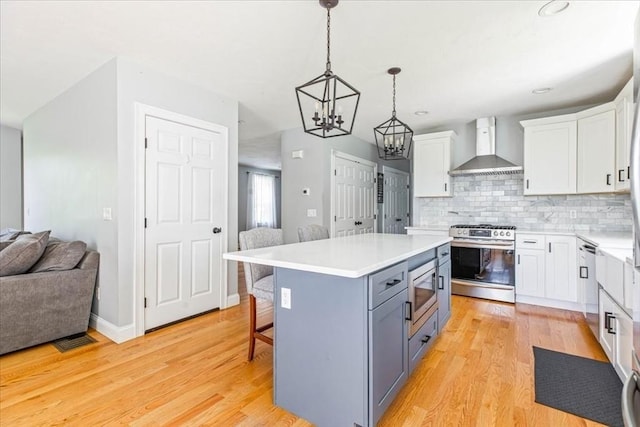 0 Thompson St, Middleboro, MA 02346 - kitchen with wall chimney range hood, stainless steel appliances, a chandelier, white cabinets, and recessed lighting