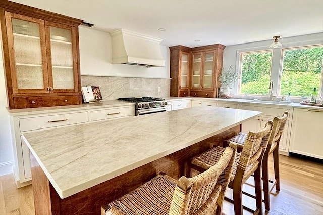 0 Thompson St, Middleboro, MA 02346 - kitchen featuring stainless steel gas stove, custom range hood, light wood-type flooring, a kitchen breakfast bar, and backsplash