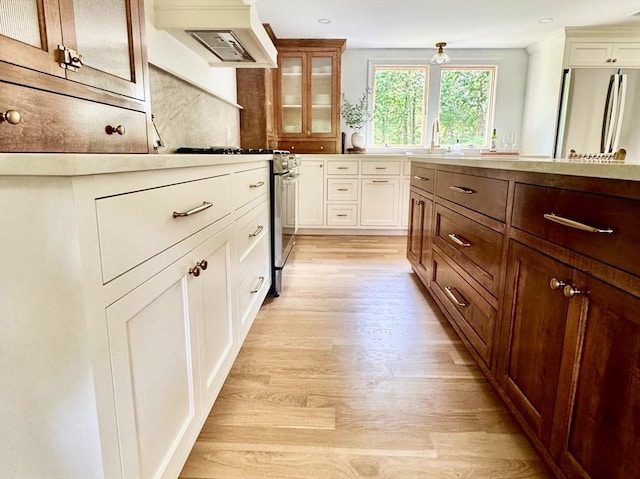 0 Thompson St, Middleboro, MA 02346 - kitchen with custom exhaust hood, light wood-style floors, appliances with stainless steel finishes, glass insert cabinets, and white cabinetry