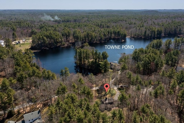 aerial view with a view of trees and a water view