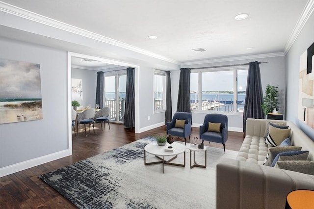 700 Shore Dr Unit 1106, Fall River, MA 02721 - living area with wood finished floors, crown molding, a water view, and recessed lighting