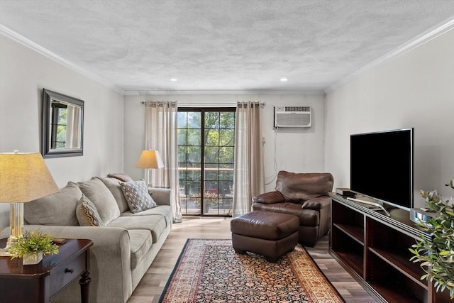 358 Broadway Unit 20, Lynn, MA 01904 - living room with a wall mounted AC, plenty of natural light, light wood finished floors, a textured ceiling, and crown molding