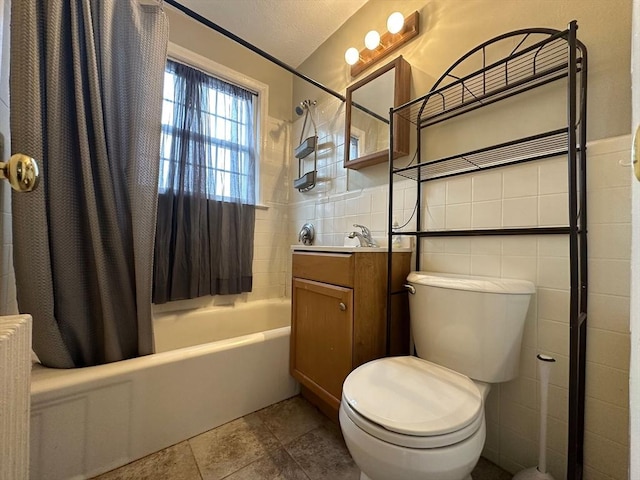 full bathroom with radiator, shower / tub combo with curtain, tile walls, vanity, and toilet