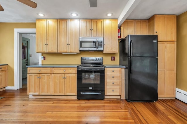 4 3rd Rd, Woburn, MA 01801 - kitchen with black appliances, recessed lighting, light wood-style flooring, a ceiling fan, and light brown cabinetry