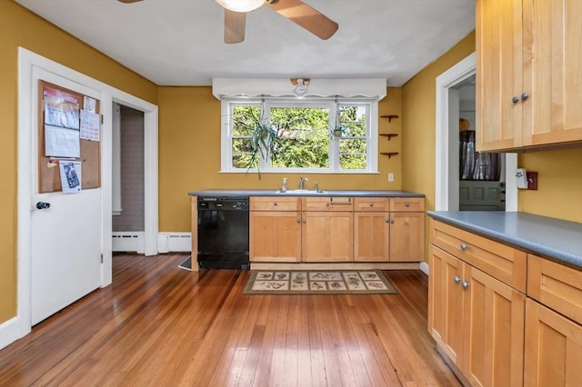 4 3rd Rd, Woburn, MA 01801 - kitchen featuring black dishwasher, hardwood / wood-style flooring, a ceiling fan, and baseboard heating