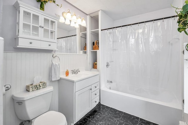 4 3rd Rd, Woburn, MA 01801 - bathroom featuring vanity, shower / bathtub combination with curtain, marble finish floors, and a wainscoted wall