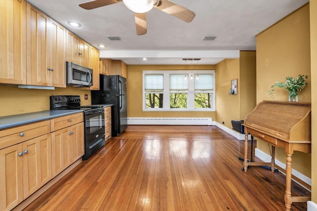 4 3rd Rd, Woburn, MA 01801 - kitchen featuring black appliances, a baseboard radiator, ceiling fan, hardwood / wood-style flooring, and light brown cabinets