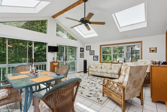 20 Lucia Dr, Milford, MA 01757 - living area with a skylight, high vaulted ceiling, plenty of natural light, ceiling fan, and light tile patterned floors
