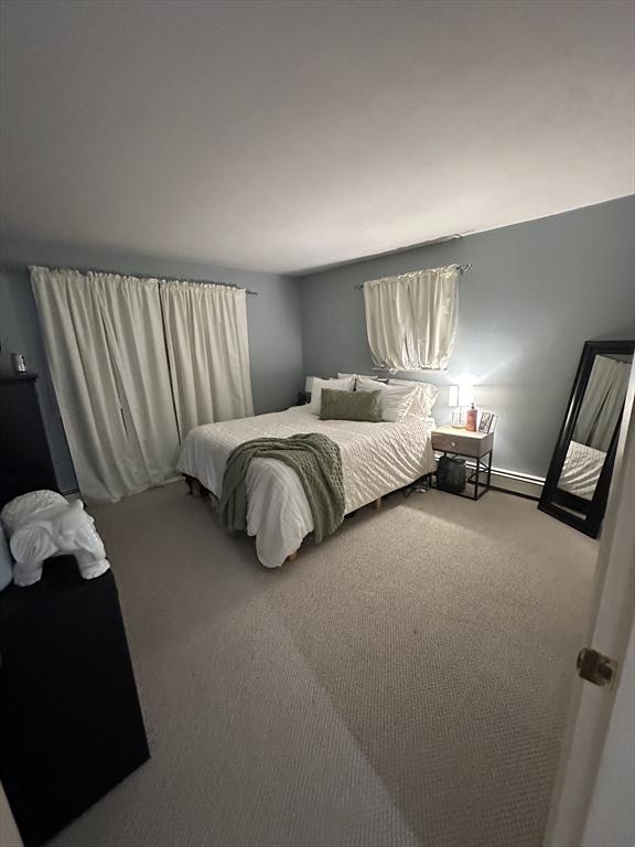 bedroom featuring a baseboard radiator and carpet floors