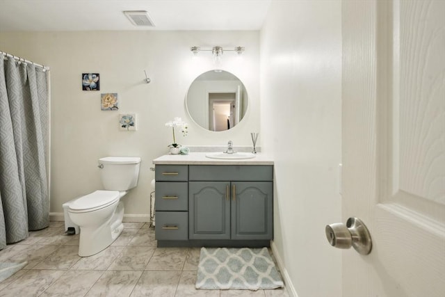 bathroom featuring baseboards, visible vents, toilet, marble finish floor, and vanity