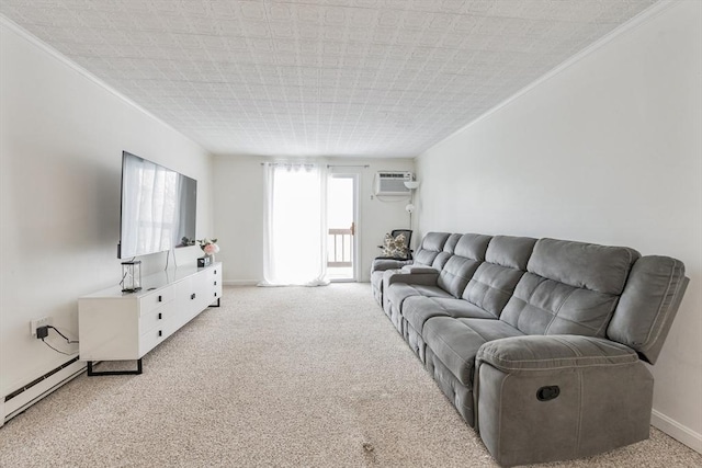 carpeted living area with baseboards, baseboard heating, a wall mounted air conditioner, and crown molding