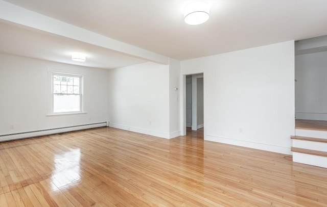 spare room featuring light hardwood / wood-style floors and a baseboard heating unit