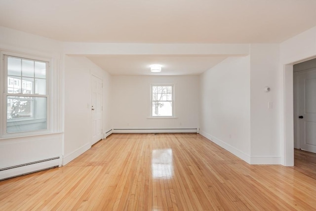 unfurnished room featuring a baseboard radiator and light hardwood / wood-style floors