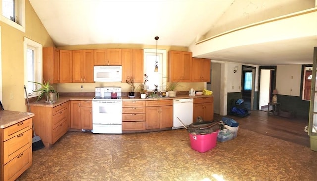 kitchen featuring hanging light fixtures, white appliances, and high vaulted ceiling