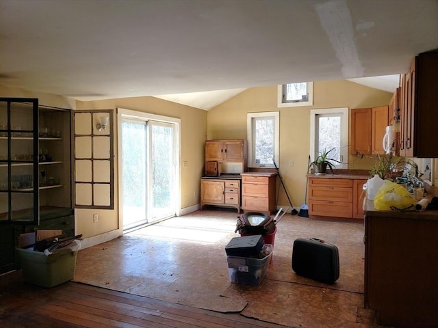 interior space featuring light wood finished floors, baseboards, and vaulted ceiling