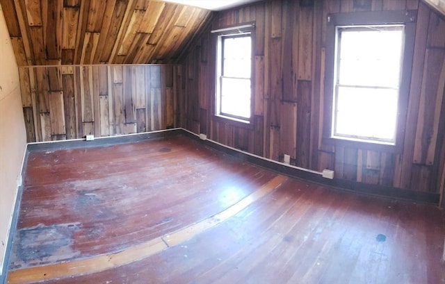 bonus room featuring hardwood / wood-style flooring, wood ceiling, wood walls, and vaulted ceiling