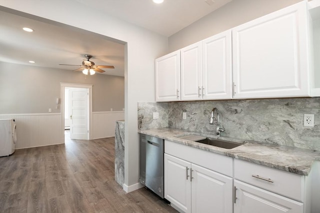 16 Horton St Unit 2, Salem, MA 01970 - kitchen featuring a sink, dishwasher, a wainscoted wall, a ceiling fan, and wood finished floors
