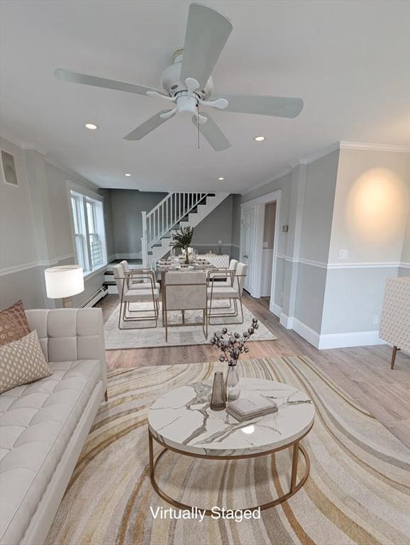 16 Horton St Unit 2, Salem, MA 01970 - living room with stairs, a ceiling fan, light wood-type flooring, ornamental molding, and recessed lighting