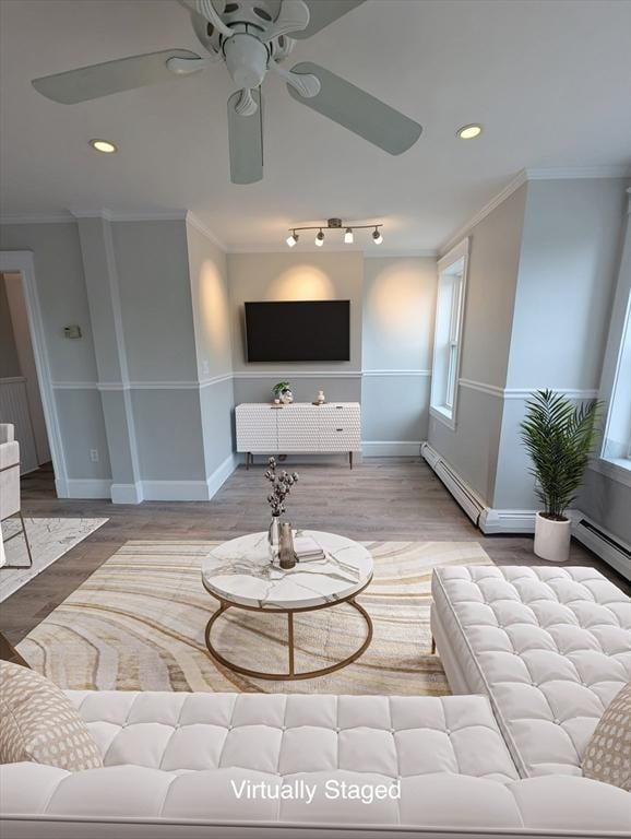16 Horton St Unit 2, Salem, MA 01970 - living room featuring a ceiling fan, wood finished floors, baseboards, ornamental molding, and recessed lighting