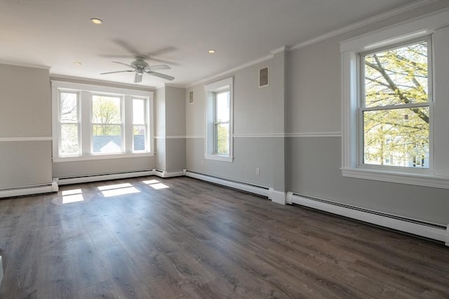 16 Horton St Unit 2, Salem, MA 01970 - spare room with a ceiling fan, crown molding, dark wood-type flooring, recessed lighting, and a baseboard radiator