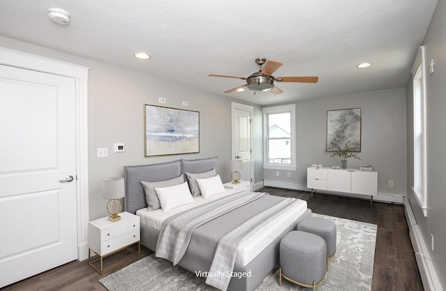 16 Horton St Unit 2, Salem, MA 01970 - bedroom with dark wood-type flooring, recessed lighting, a ceiling fan, baseboards, and a baseboard radiator