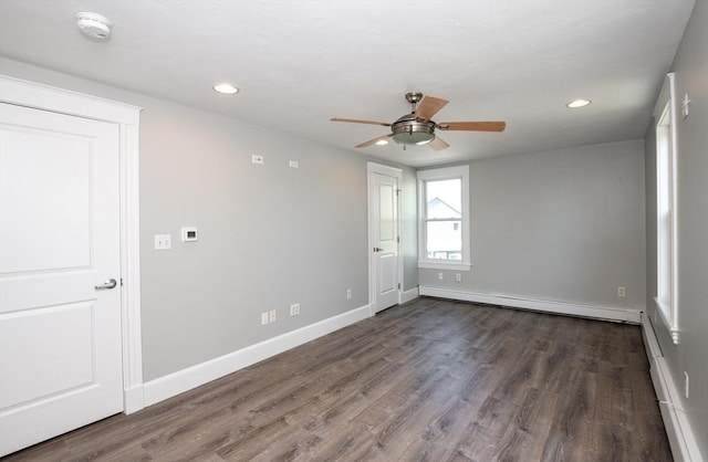 16 Horton St Unit 2, Salem, MA 01970 - spare room with baseboard heating, a ceiling fan, dark wood-type flooring, and recessed lighting