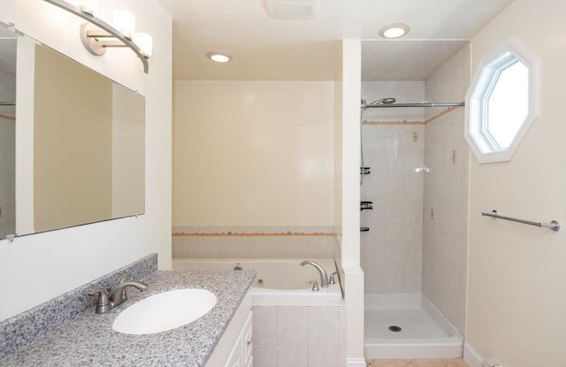 16 Horton St Unit 2, Salem, MA 01970 - full bathroom featuring a bath, a tile shower, vanity, and recessed lighting