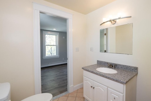 16 Horton St Unit 2, Salem, MA 01970 - half bath with a baseboard radiator, toilet, vanity, tile patterned floors, and baseboards