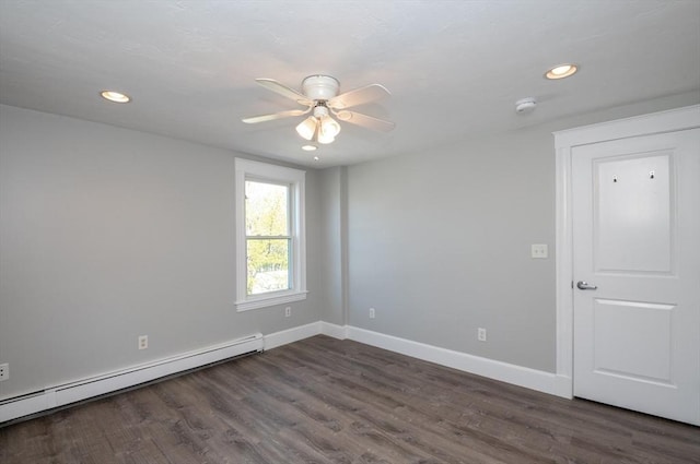 16 Horton St Unit 2, Salem, MA 01970 - unfurnished room with a baseboard heating unit, baseboards, a ceiling fan, recessed lighting, and wood finished floors