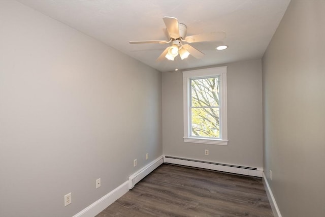 16 Horton St Unit 2, Salem, MA 01970 - empty room featuring a baseboard heating unit, baseboards, dark wood-style flooring, a ceiling fan, and recessed lighting