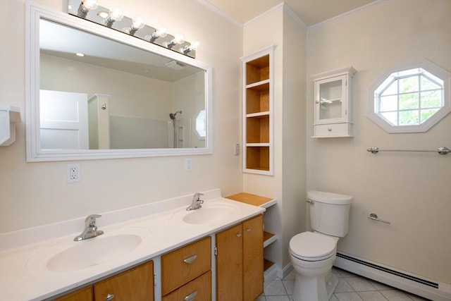 16 Horton St Unit 2, Salem, MA 01970 - bathroom with a baseboard radiator, toilet, tile patterned flooring, double vanity, and ornamental molding