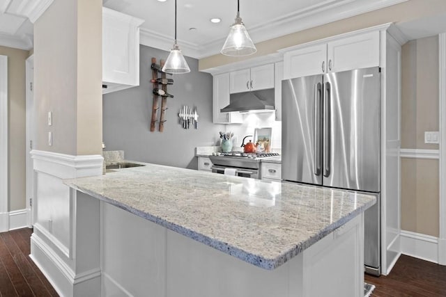 kitchen with appliances with stainless steel finishes, light stone countertops, under cabinet range hood, white cabinetry, and dark wood-type flooring