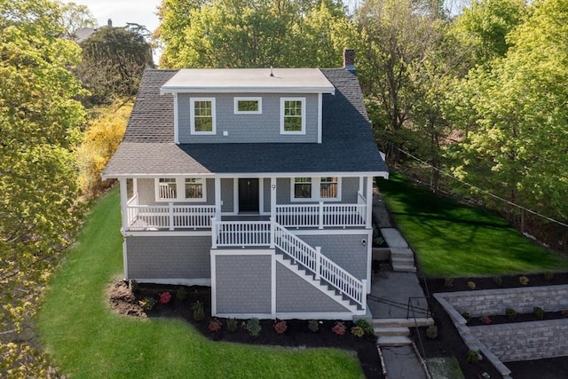 9 School St, Hull, MA 02045 - rear view of property featuring roof with shingles, a chimney, a lawn, and stairway