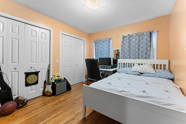 bedroom featuring wood finished floors and multiple closets