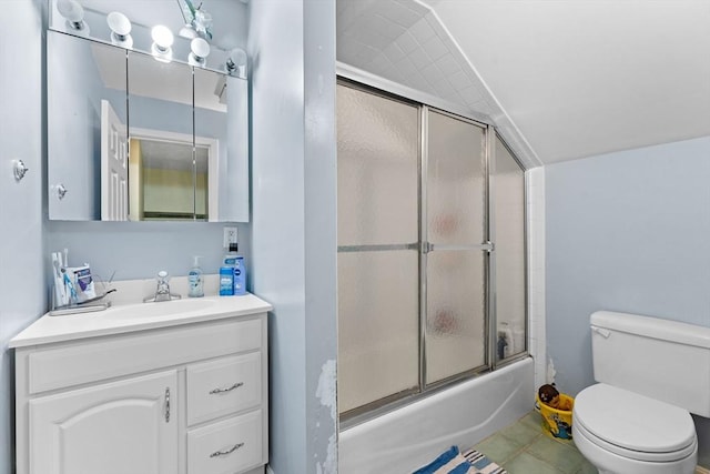 full bathroom featuring combined bath / shower with glass door, toilet, and vanity