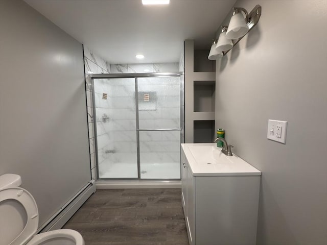 103 Pleasent, Woonsocket, RI 02895 - full bath with toilet, a shower stall, wood finished floors, vanity, and a baseboard heating unit