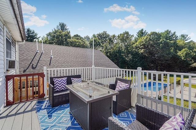 deck featuring an outdoor living space, an outdoor pool, a jacuzzi, and cooling unit