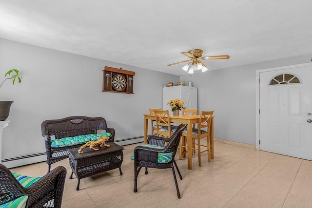 dining area with a ceiling fan and baseboard heating